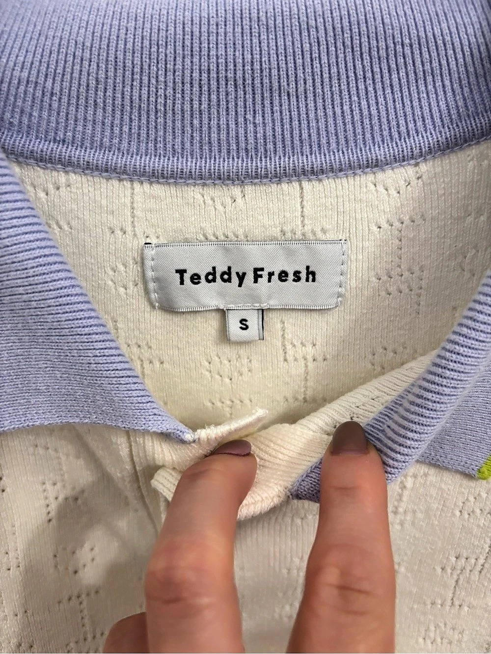 Teddy Fresh Knit Polo Top in Cream & Purple Size Small - Picture 3 of 6